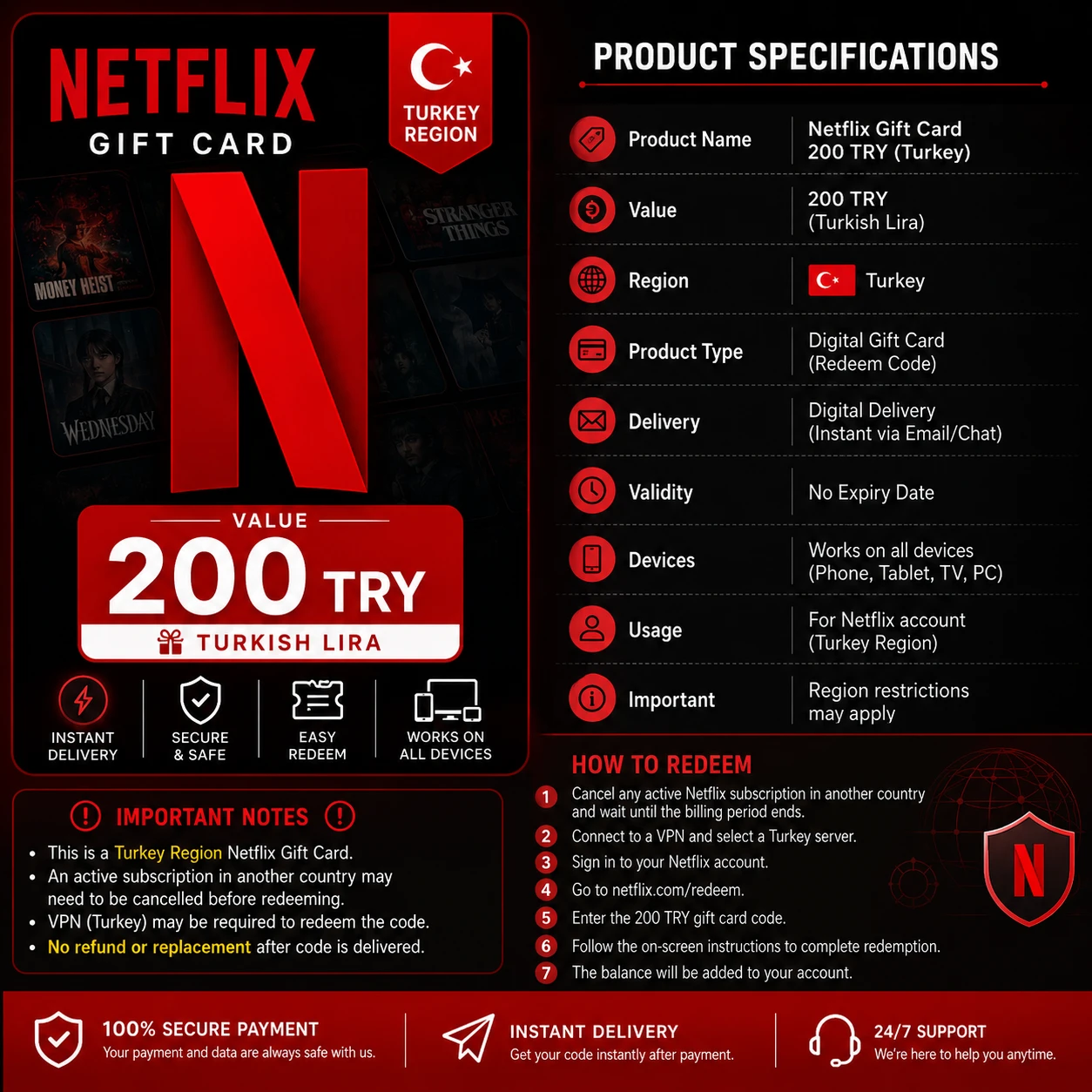 Netflix Gift Card 200 TRY (Turkey) – Digital Code - image 2