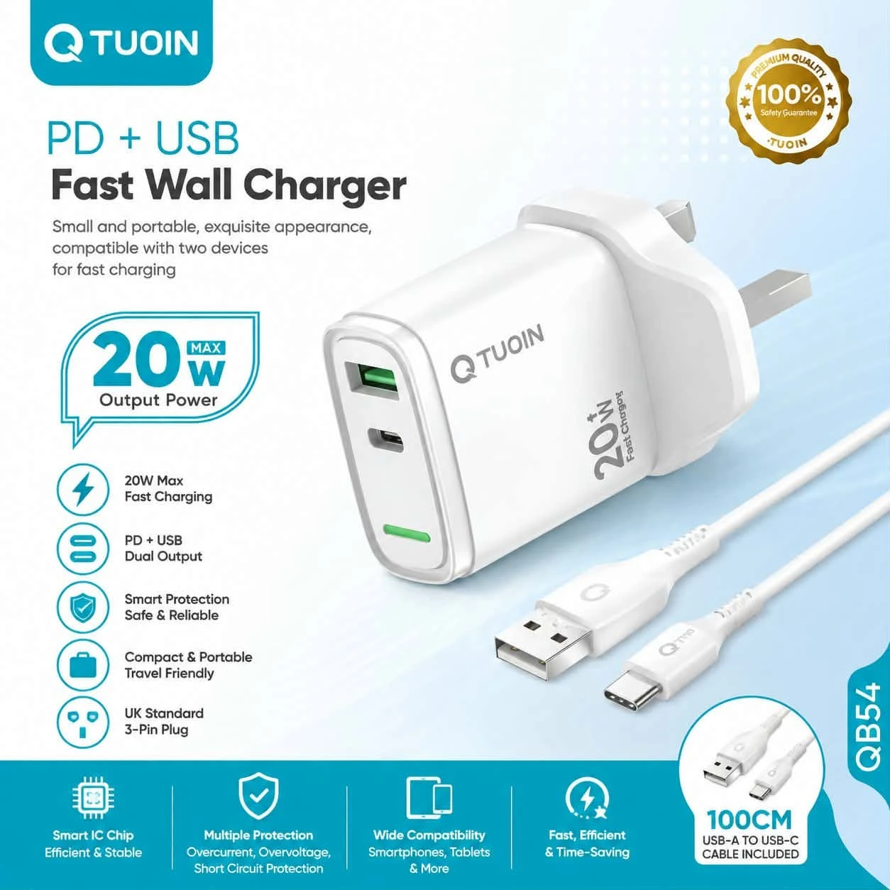 TUOIN 20W Fast Wall Charger PD + USB Dual Port