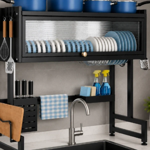 65 Cm Sink Top Dish Rack With Dust Proof Cabinet Door
