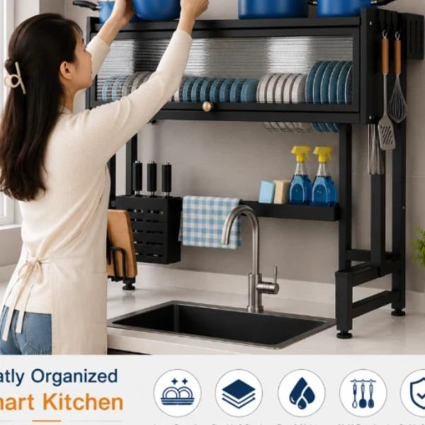 65 Cm Sink Top Dish Rack With Dust Proof Cabinet Door - image 3