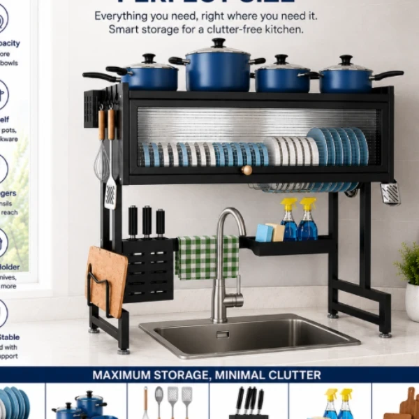 65 Cm Sink Top Dish Rack With Dust Proof Cabinet Door - image 2