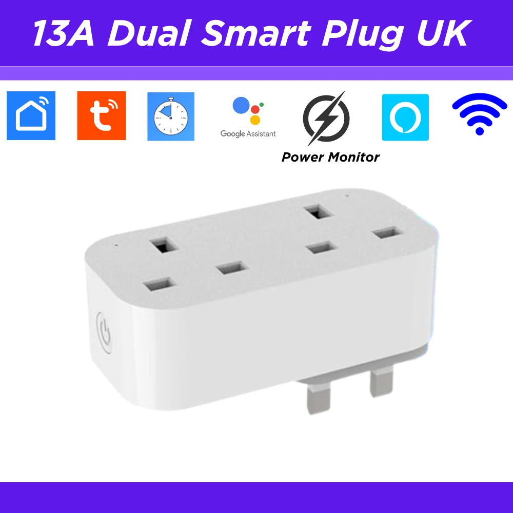 Tuya 13A Dual Smart WiFi Plug Socket Energy Monitor